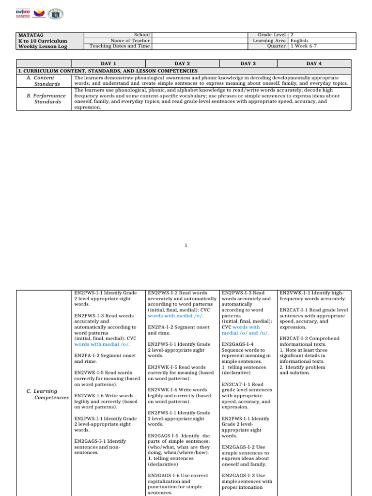 Grade 2 English Lesson Plan: Sentences | PDF | Syllable | Linguistics