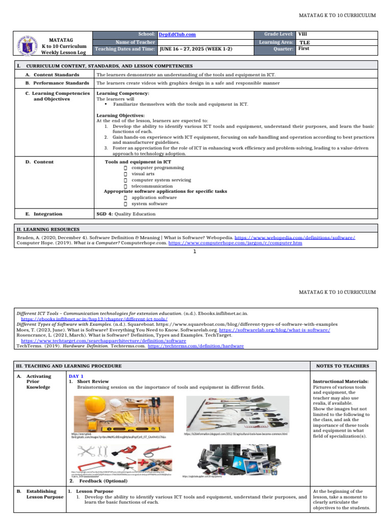 K to 10 TLE ICT Tools Lesson Plan | PDF | Computer Network ...