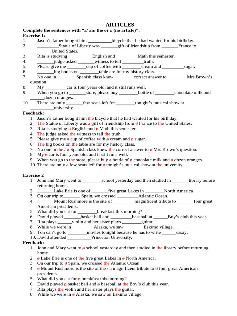 Article Usage Exercises and Feedback | PDF