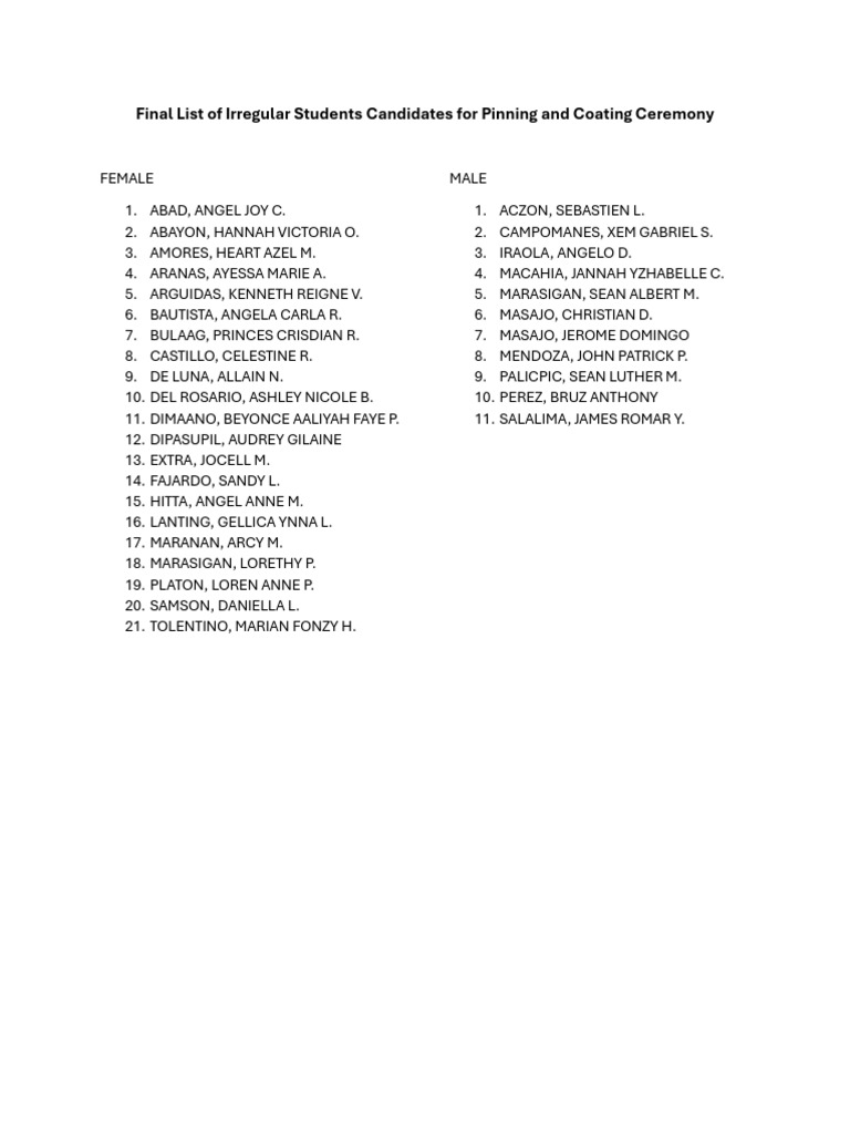 Irregular Students for Pinning Ceremony | PDF
