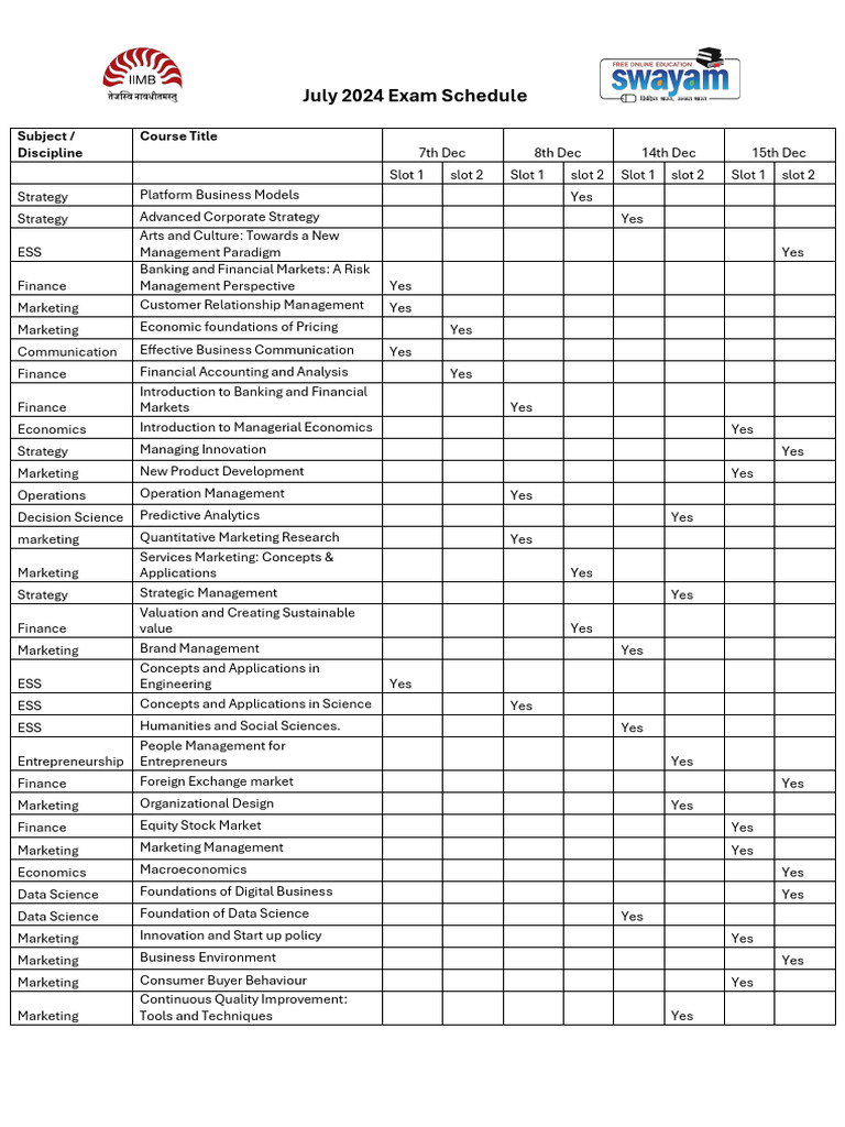 July 2024 Exam Schedule | PDF | Marketing | Analytics