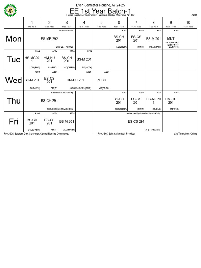 EE-B1 - 2nd Sem - Routine | PDF