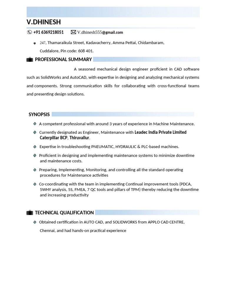 V.Dhinesh: Professional Summary | PDF | Mechanical Engineering ...