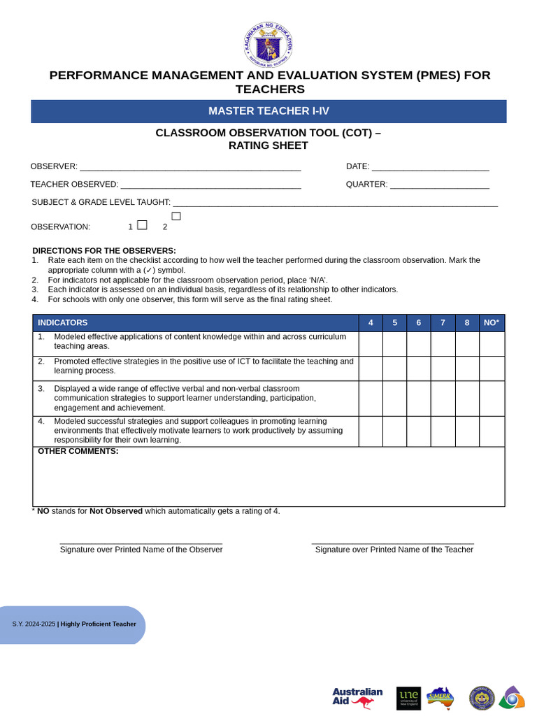 COT Rating Sheet for Highly Proficient Teachers | PDF | Teachers | Learning