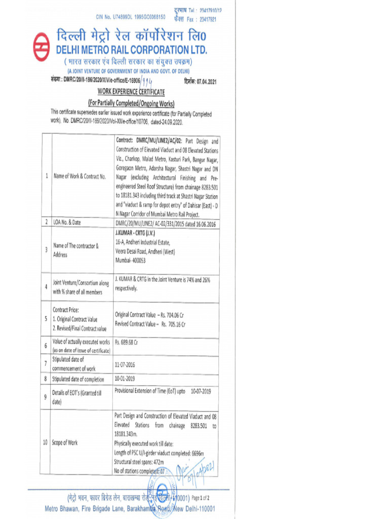 Work Expr. Crtft. DMRC Mu Line 2 Ac 02 | PDF