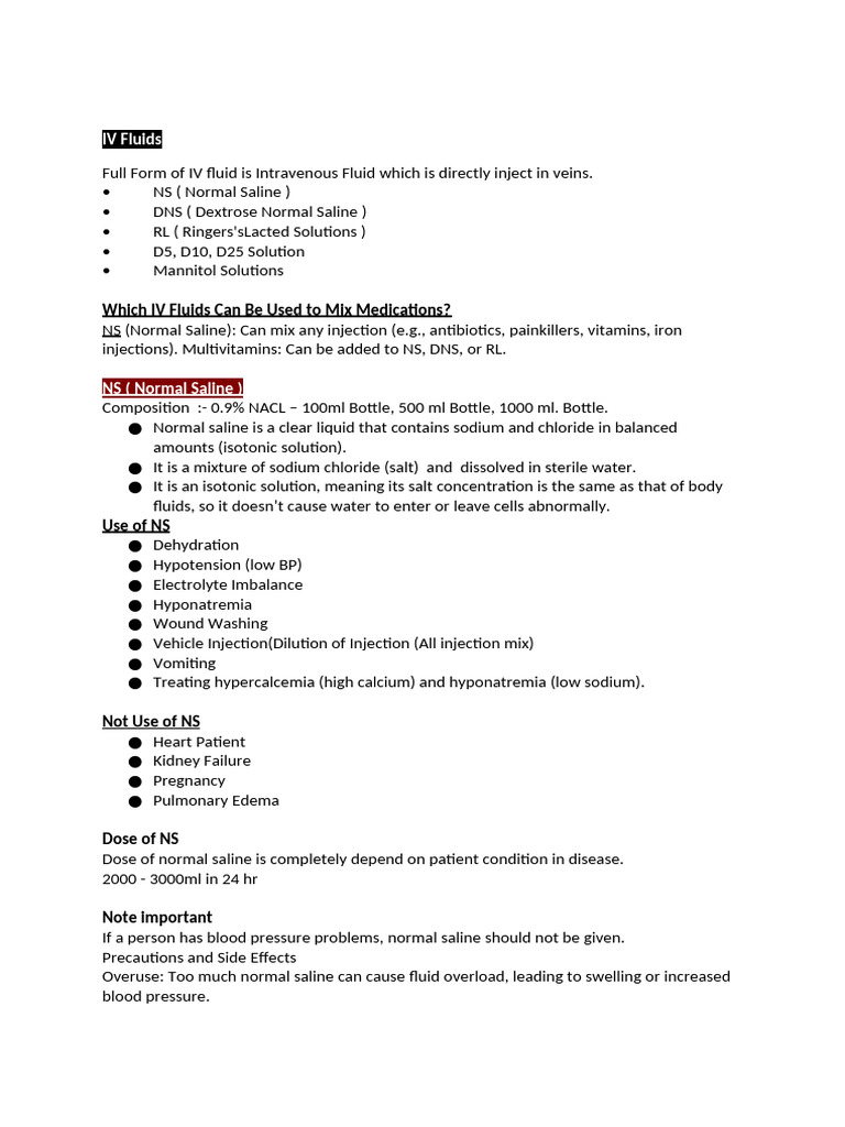 Overview of IV Fluids and Their Uses | PDF | Saline (Medicine ...