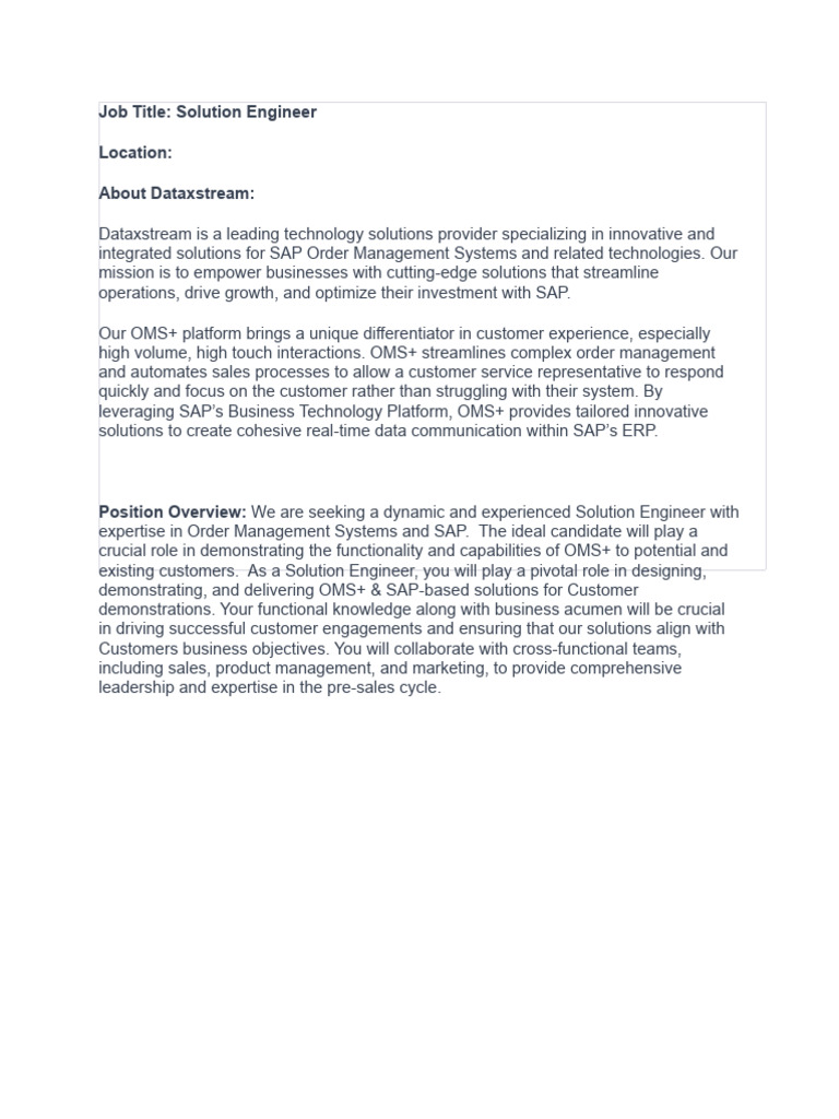 Solution Engineer Job at Dataxstream | PDF | Retail | Leadership