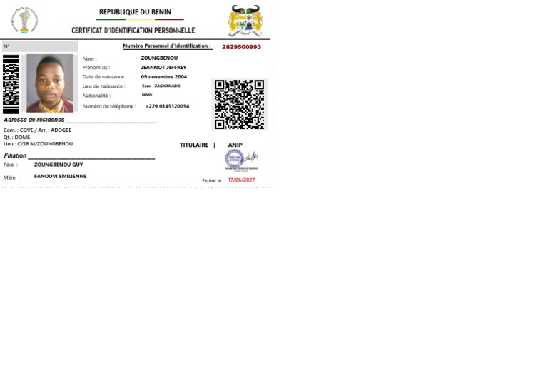 Identification de Jeannot Zoungbenou | PDF