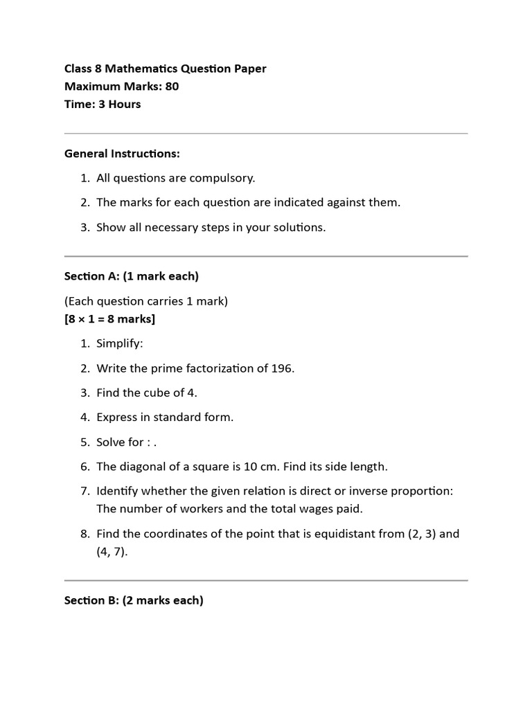 Class 8 Maths Question Paper 2024 | PDF | Length | Area