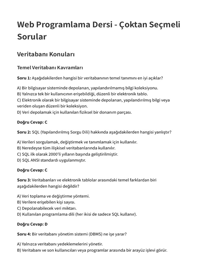 Web Programlama Dersi - Çoktan Seçmeli Sorular | PDF