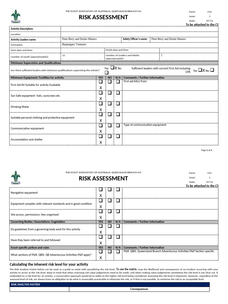 Queensland Scouts Risk Assessment Form | PDF | Risk | Risk Assessment