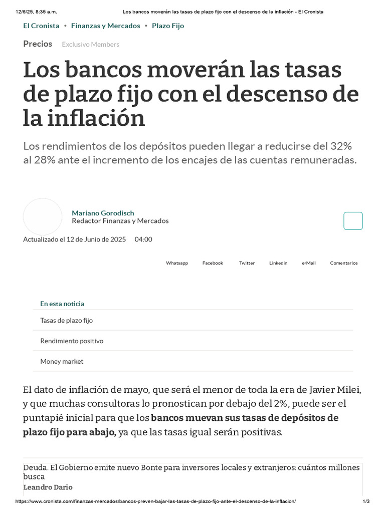 Los Bancos Moverán Las Tasas de Plazo Fijo Con El Descenso de La ...