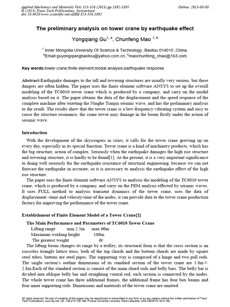 Earthquake Impact on TC6010 Tower Crane | PDF | Truss | Crane (Machine)