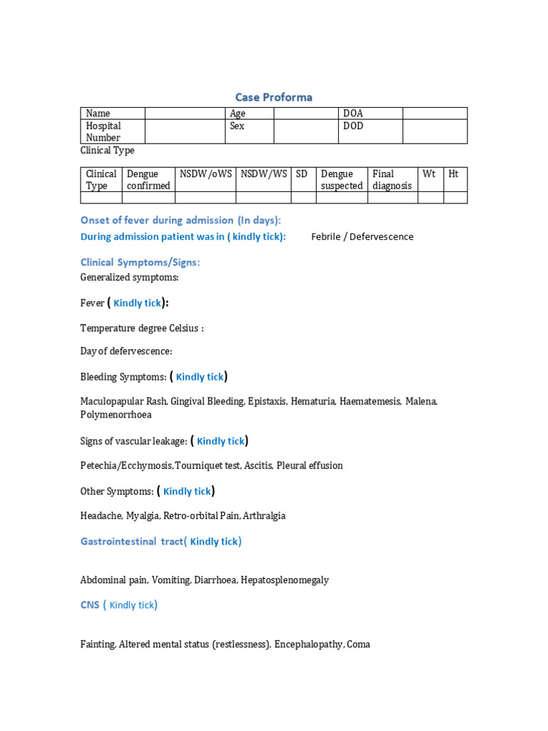 Dengue Case Proforma Template | PDF
