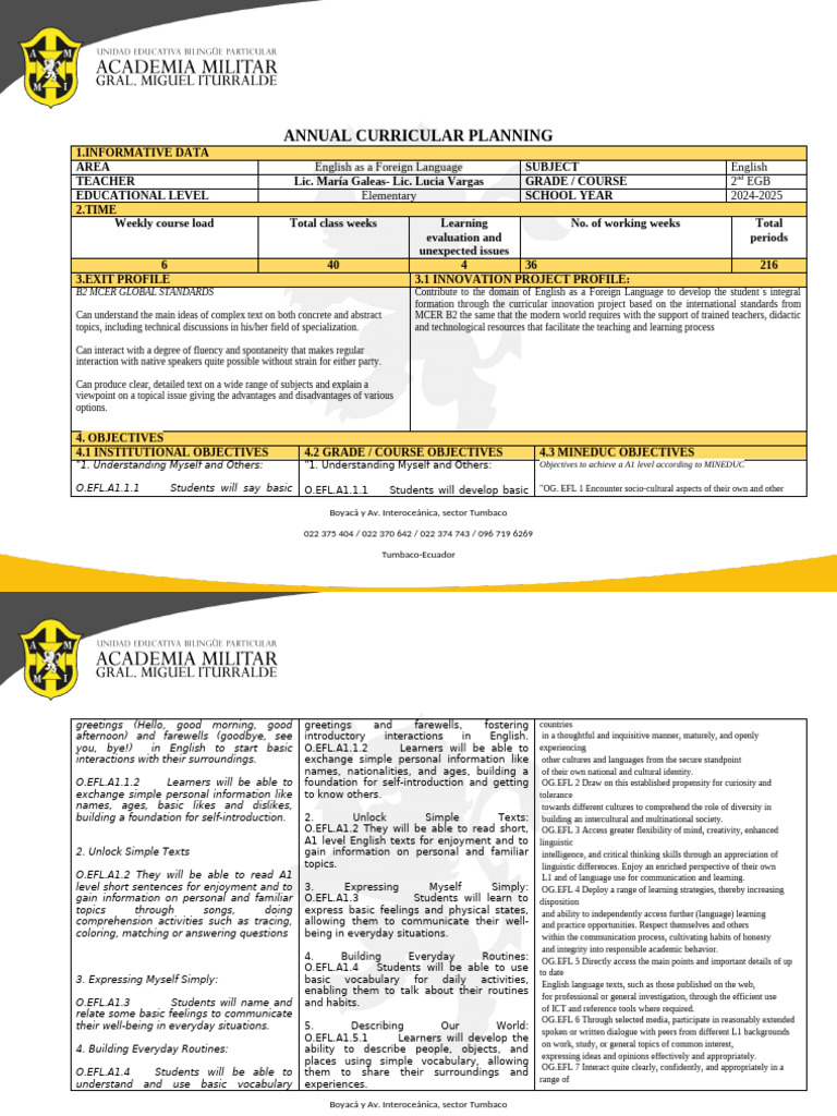 Annual EFL Curriculum Plan 2024-2025 | PDF | English As A Second Or ...