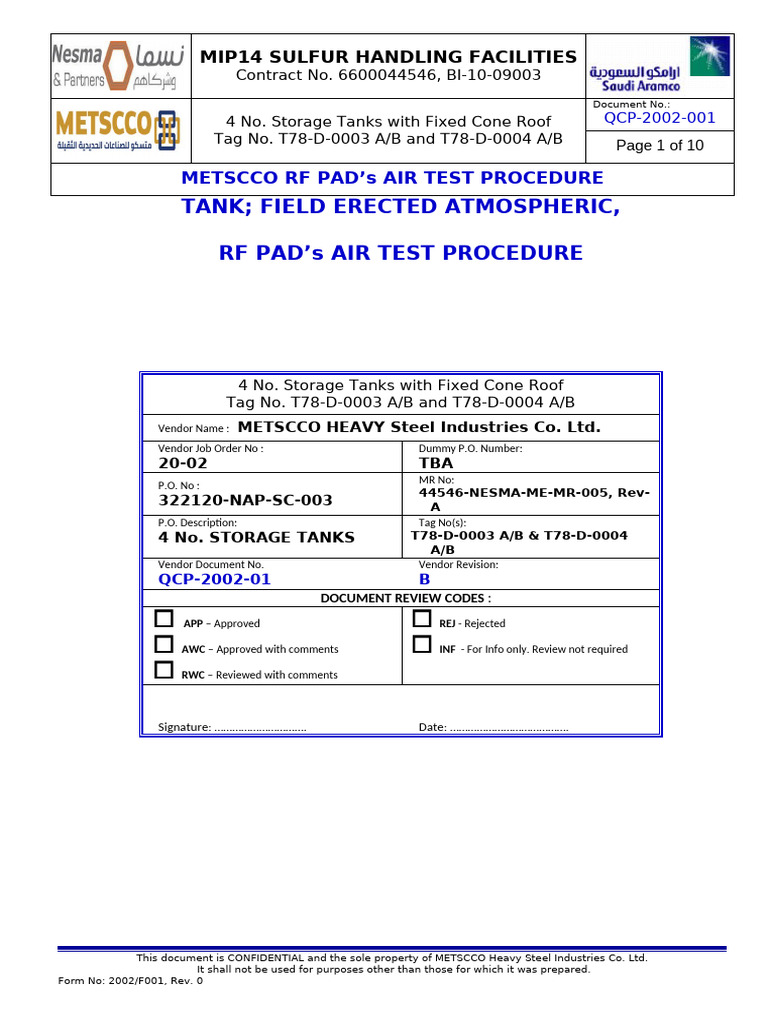 RF Pad Air Test Procedure for Tanks | PDF | Leak | Calibration