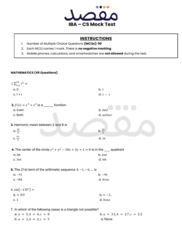 Mathematics Mock Test with MCQs | PDF | Banana