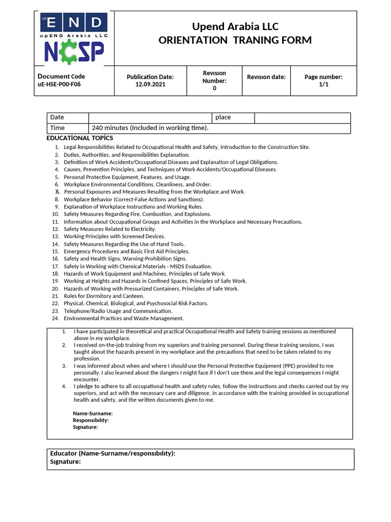 Occupational Health & Safety Training Form | PDF | Occupational Safety ...