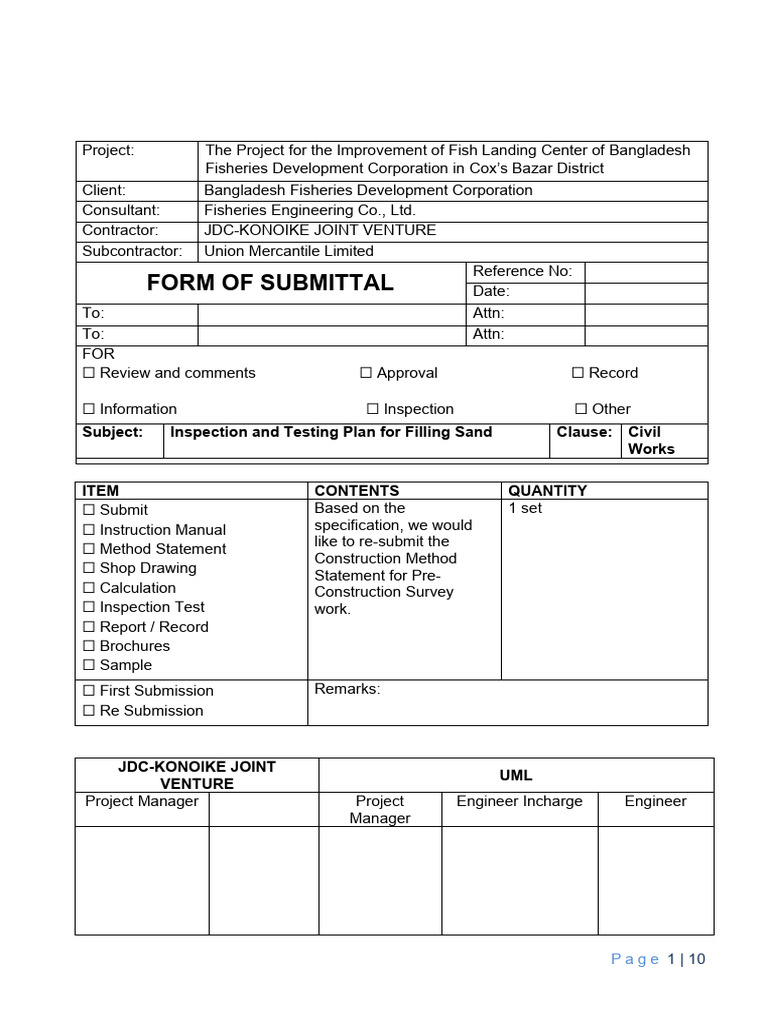 Inspection Plan for Sand Filling Project | PDF