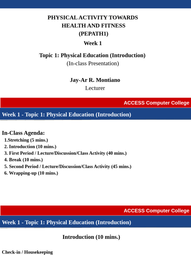 Pepath1 Week1 in Class | PDF | Physical Education | Physical Fitness