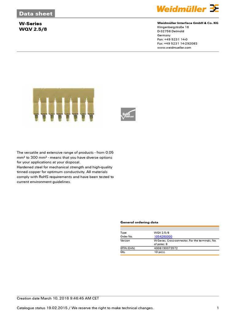 Weidmüller WQV 2.5/8 Data Sheet | PDF | Information And Communications ...