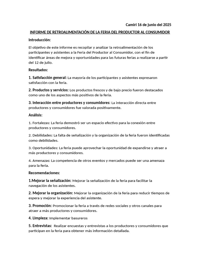 Informe sobre la Feria del Productor 2025 | PDF
