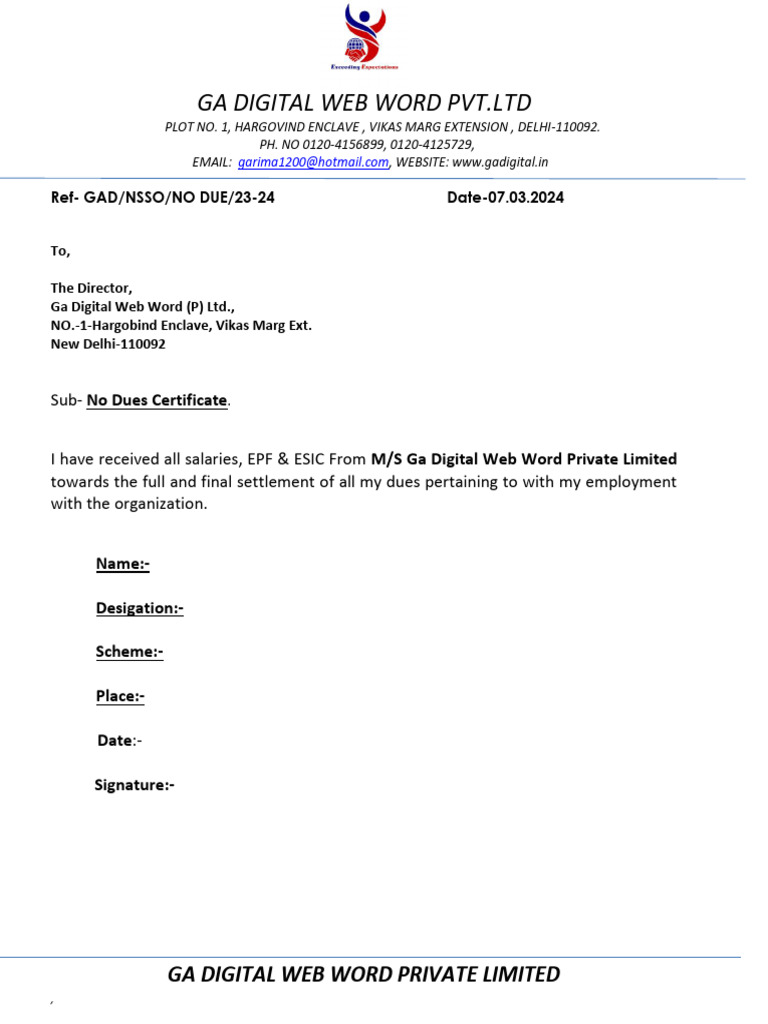No Dues Certificate for NSSO Pay Slip | PDF