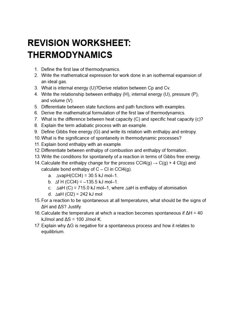 Thermodynamics Revision Worksheet | PDF