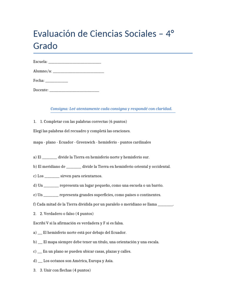 Evaluación de Ciencias Sociales 4° Grado | PDF | Mapa | Ciencias de la ...