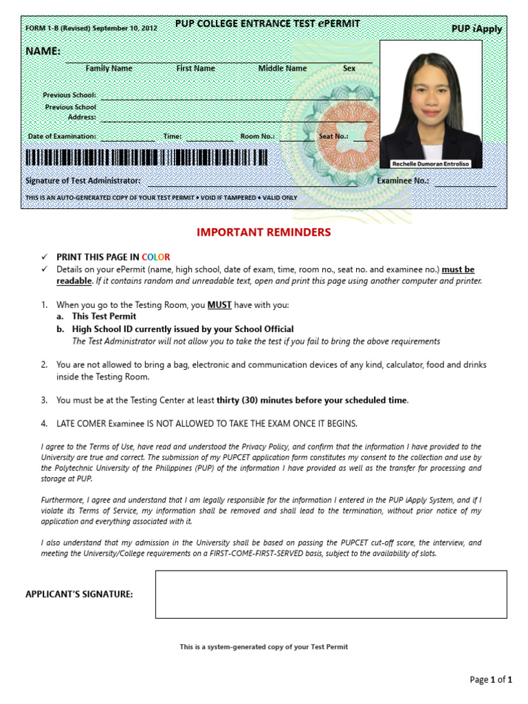 PUP College Entrance Test ePermit 2025 | PDF
