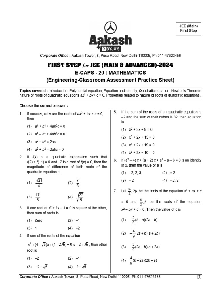 JEE 2024 Mathematics Practice Sheet | PDF | Zero Of A Function ...