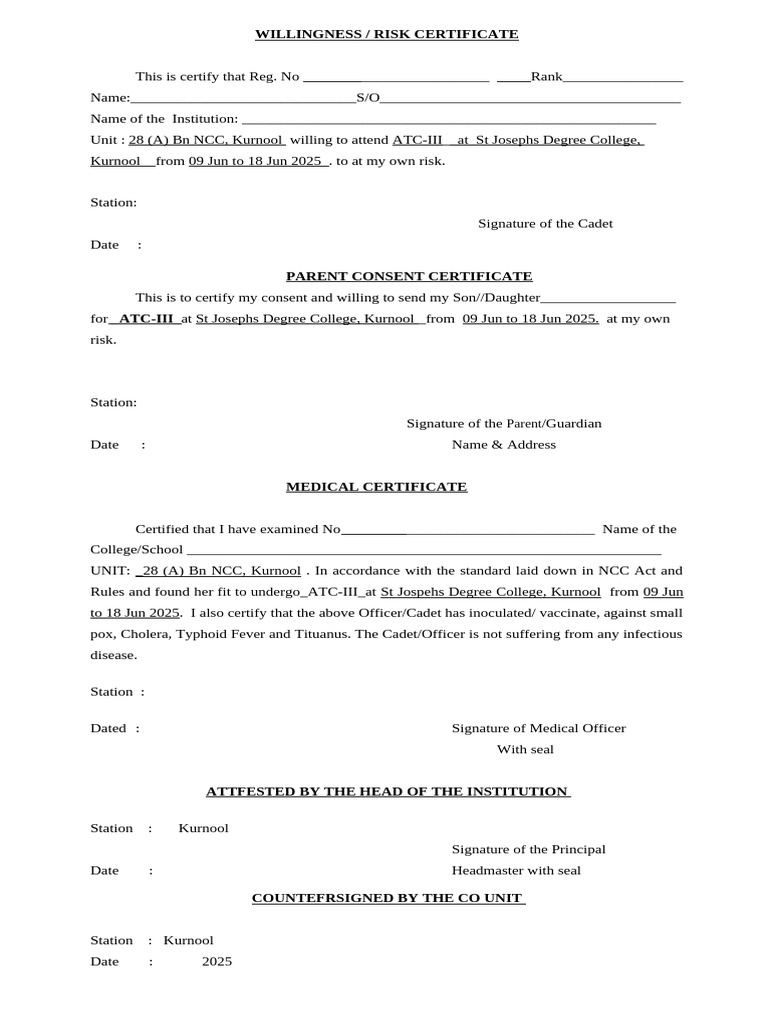 NCC ATC-III Risk and Consent Certificate | PDF | Immunology | Health ...