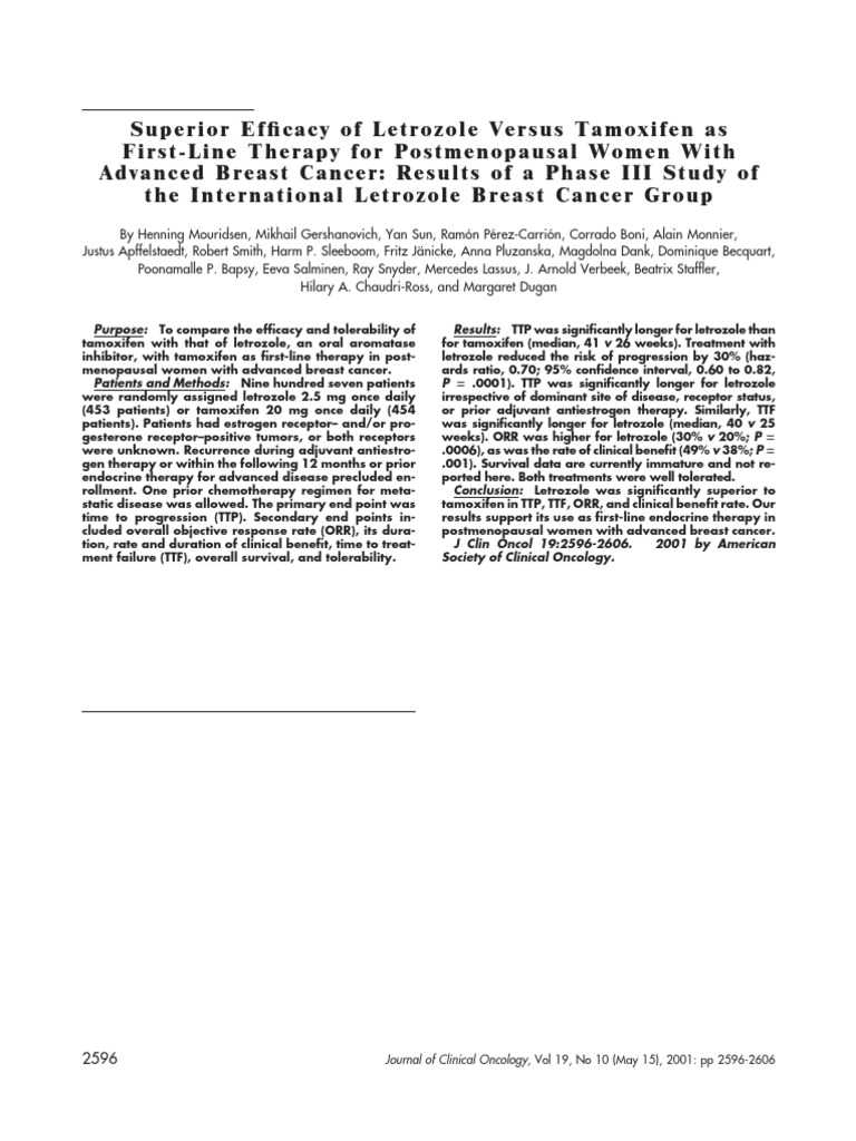 Superior Efficacy of Letrozole Versus Tamoxifen as First-Line Therapy ...