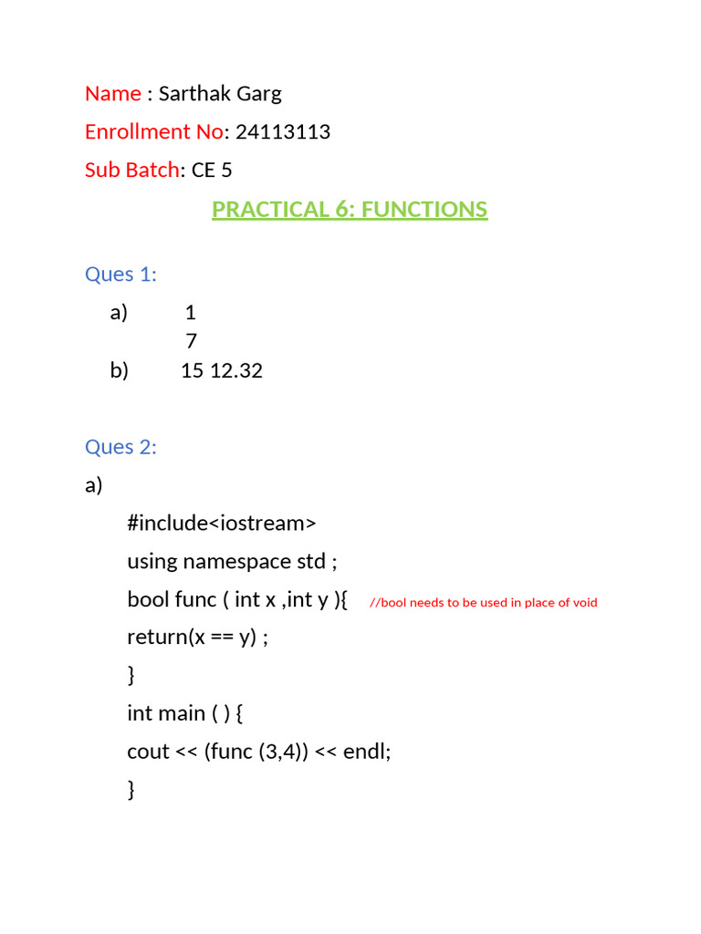 Practical 6: Functions: Name Enrollment No Sub Batch | PDF | C++ ...