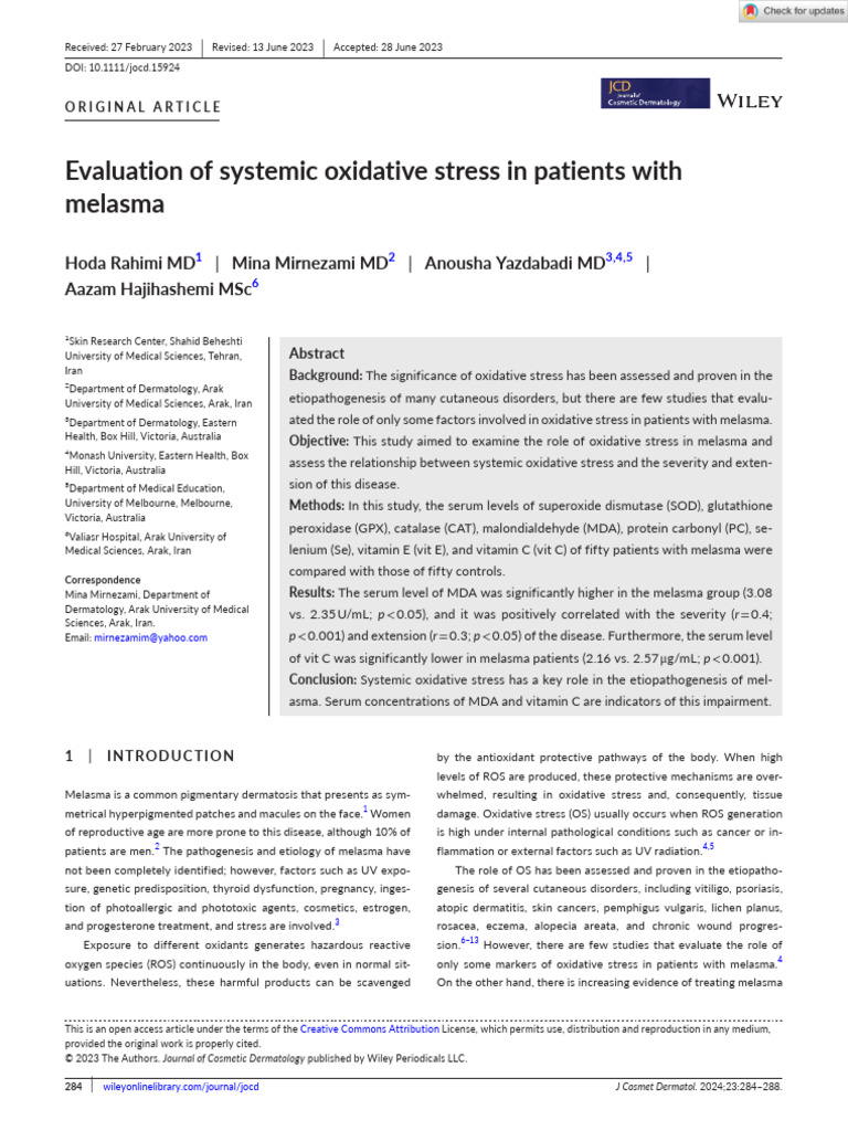 Evaluation of Systemic Oxidative Stress in Patients With Melasma | PDF ...