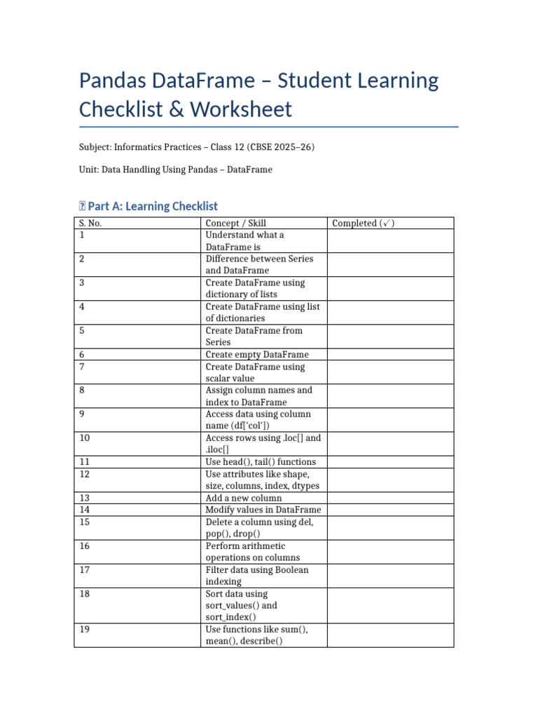 Pandas DataFrame Worksheet for Students | PDF | Computing | Software ...