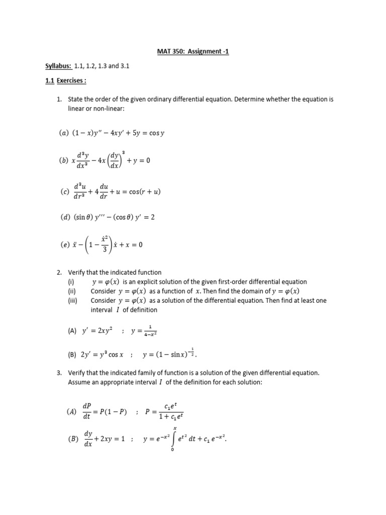 MAT 350 Chapter-1 Assignment - 1 | PDF | Function (Mathematics) | Equations