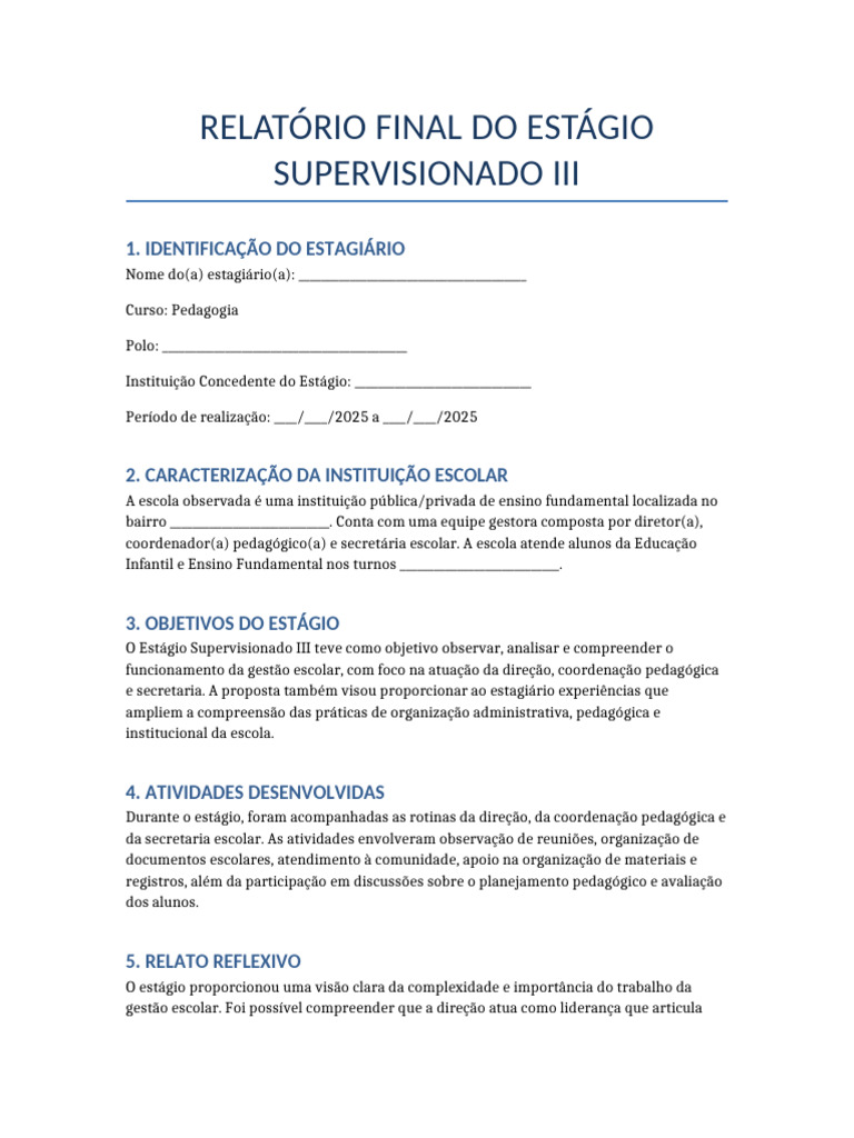 Relatório de Estágio em Gestão Escolar | PDF | Pedagogia