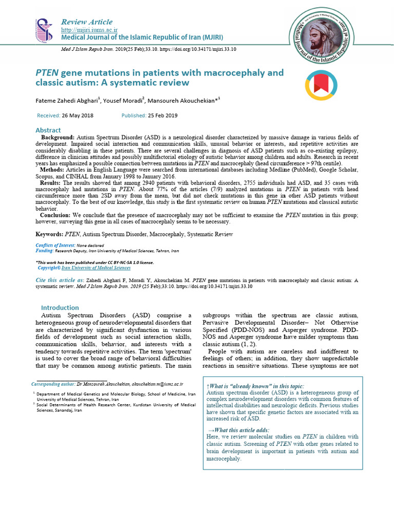 PTEN Gene Mutations in Patients With Macrocephaly and Classic Autism ...