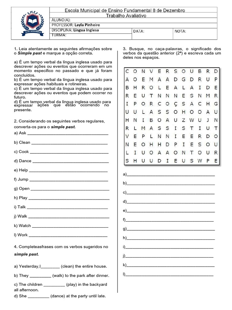 Atividades sobre Simple Past em Inglês | PDF