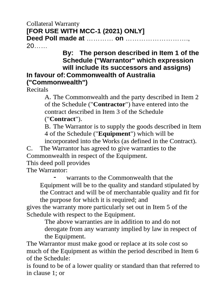 Collateral Warranty Deed for Equipment | PDF | Breach Of Contract ...