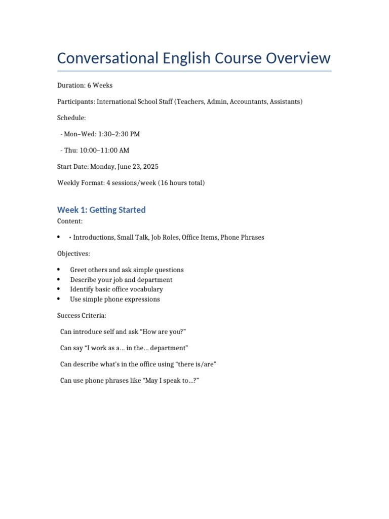 6-Week Conversational English Course | PDF | Cognitive Science ...