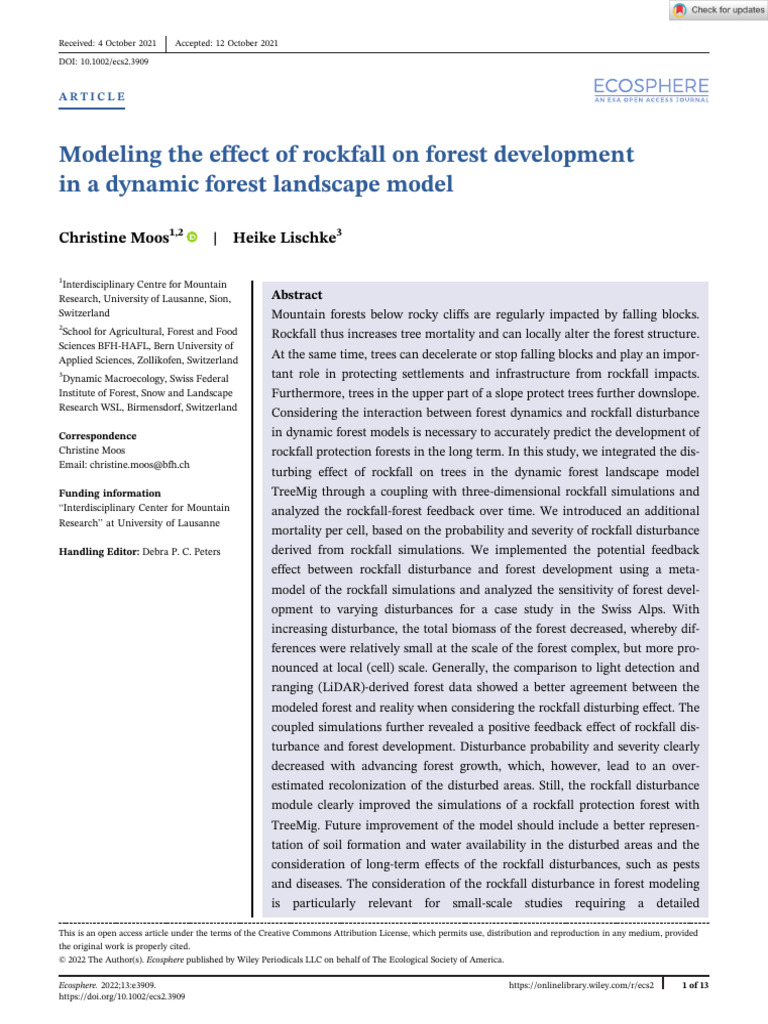 Ecosphere - 2022 - Moos - Modeling The Effect of Rockfall On Forest ...