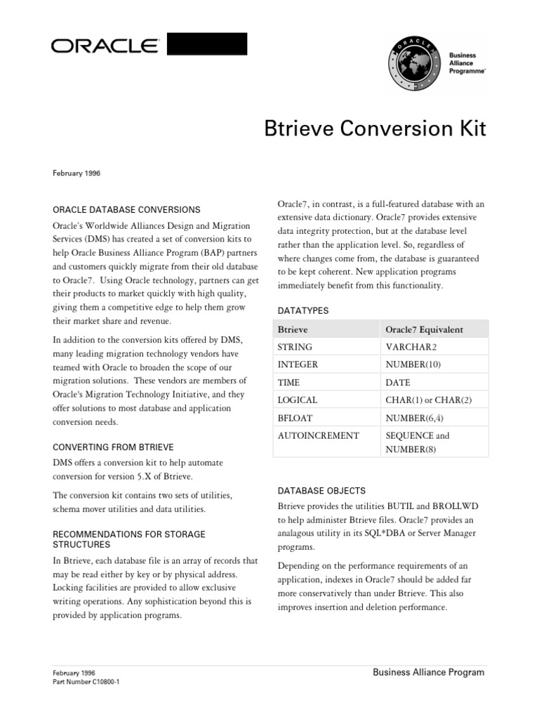 Btrieve Conversion Kits - Data Sheet | PDF | Databases | Sql