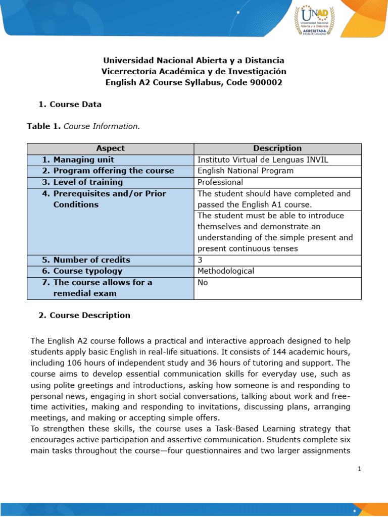 English A2 Course Syllabus 803 Pdf Distance Education English