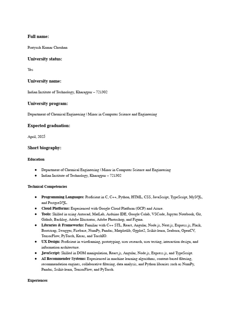Pratyush Kumar Chouhan's Profile Summary | PDF | Java Script | Computer ...