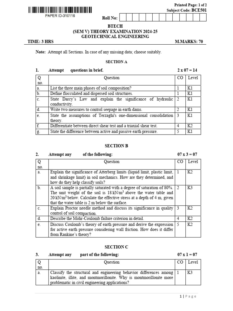 B.Tech Geotechnical Engineering Exam 2024-25 | PDF | Soil Mechanics ...