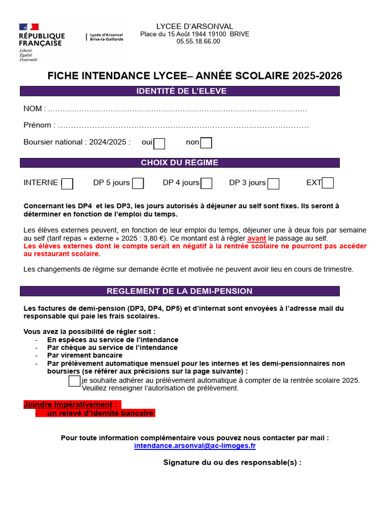 Fiche Intendance Lycée 2025-2026 | PDF