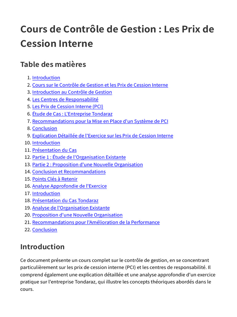 Contrôle de Gestion : Prix de Cession Interne | PDF | Business | Investir