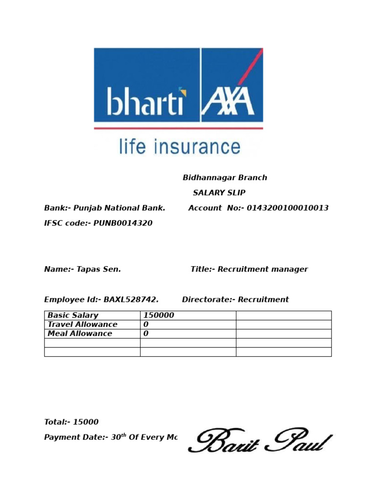 Bharti AXA Salary Slip for Tapas Sen | PDF